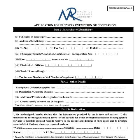 Document preview: Application for duty - tax exemption or concession — Form, Mauritius (CERFA n°ApplicationDutyTax110315)