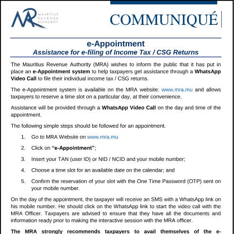 Document preview: e-Appointment : Assistance for e-Filing of Income Tax / CSG Returns (09.09.21) — Form, Mauritius (CERFA n°eAppointmentCommunique)