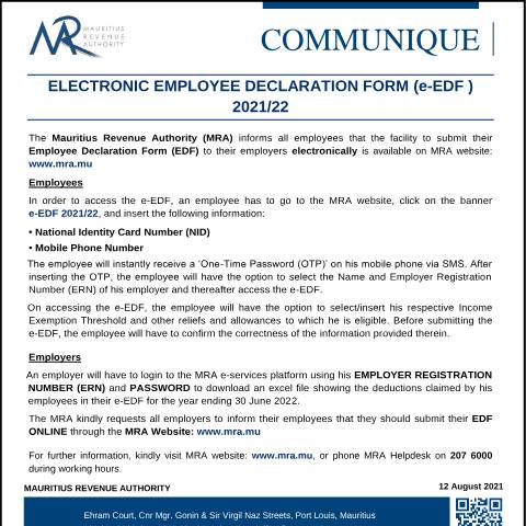 Document preview: Electronic Employee Declaration Form (e-EDF) 2020/21 (12.08.21) — Form, Mauritius (CERFA n°CommuniqueEDF120821)