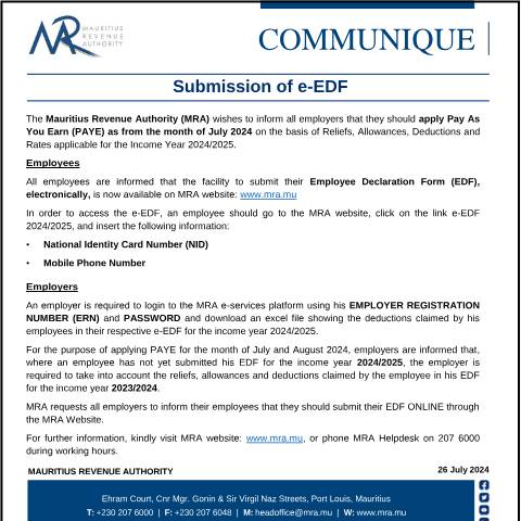 Document preview: Submission of e-EDF (26.07.24) — Document, Mauritius (CERFA n°efilingEDF260724)