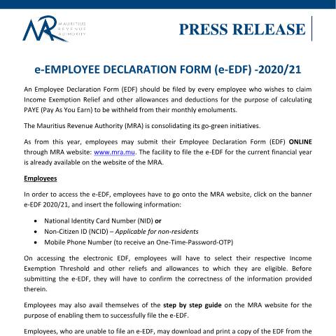 Document preview: e-Employee Declaration Form (e-EDF) - 2020/21 (25.08.20) — Form, Mauritius (CERFA n°PressReleaseEDF)