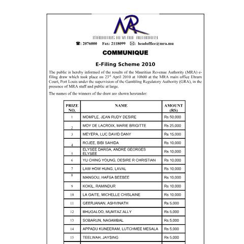Document preview: Winners List of E Filing Draw 2010 (07.05.2010) — Notice / Circular, Mauritius (CERFA n°CommuniqueDraw2010)