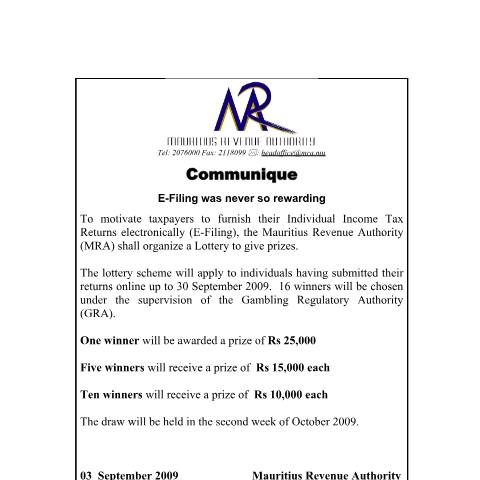 Document preview: E Filing Lottery Scheme (03.09.2009) — Notice / Circular, Mauritius (CERFA n°CommuniqueEFilingPrizes)