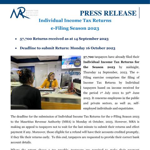 Document preview: e-Filing Season 2023 (15.09.23) — Document, Mauritius (CERFA n°PressReleaseFiling150923)