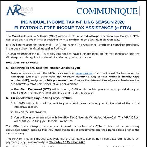 Document preview: Electronic Free Income Tax Assistance (e-Fita) (30.09.20) — Notice / Circular, Mauritius (CERFA n°CommuniqueeFita)