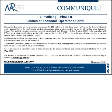 Document preview: e-Invoicing Phase II : Launch of Economic Operator’s Portal (29.01.24) — Notice / Circular, Mauritius (CERFA n°e-InvoicingCommunique290124)