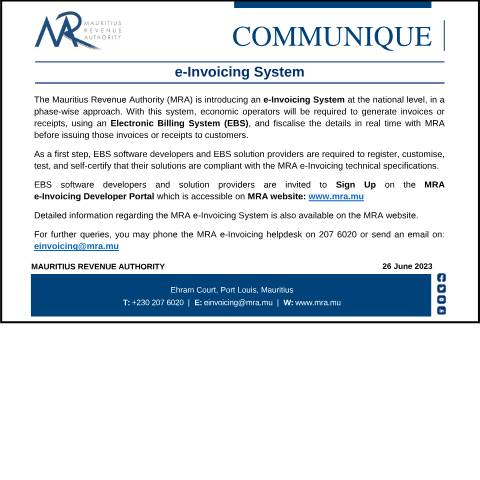 Document preview: e-Invoicing System (26.06.23) — Notice / Circular, Mauritius (CERFA n°e-InvoicingCommunique)