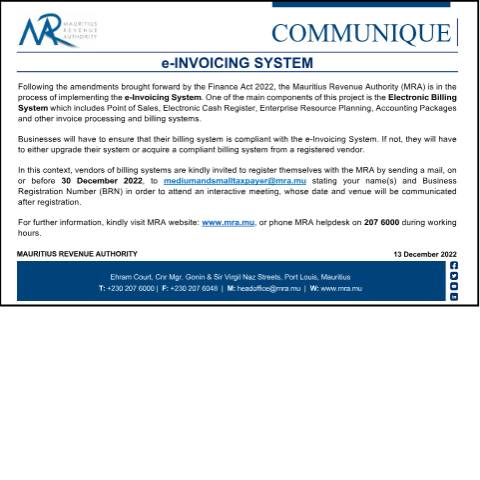 Document preview: e-Invoicing System (14.12.22) — Document, Mauritius (CERFA n°eInvoicing141222)