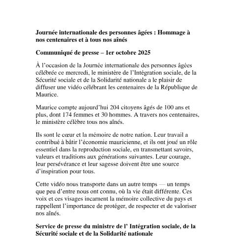 Document preview: communique elderly day — Notice / Circular, Mauritius (CERFA n°communique-elderly-day)