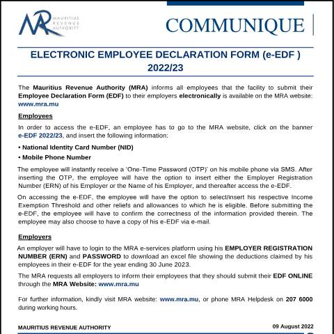 Document preview: Electronic Employee Declaration Form (e-EDF) 2022/23 (09.08.22) — Form, Mauritius (CERFA n°CommuniqueEDF090822)