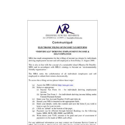Document preview: Electronic Filing of Income Tax Returns (21.08.2009) — Form, Mauritius (CERFA n°communiqueEFiling2009)