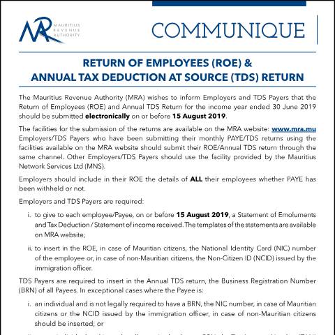 Document preview: Return of Employees (ROE) &amp; Annual Tax Deduction at Source (TDS) Return (19.07.19) — Form, Mauritius (CERFA n°AnnualROETDS190719)