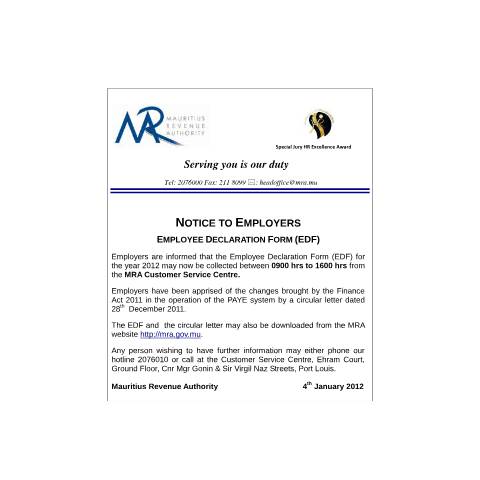Document preview: EDF 2012 (04.01.2012) — Notice / Circular, Mauritius (CERFA n°CommuniqueEDF2012)