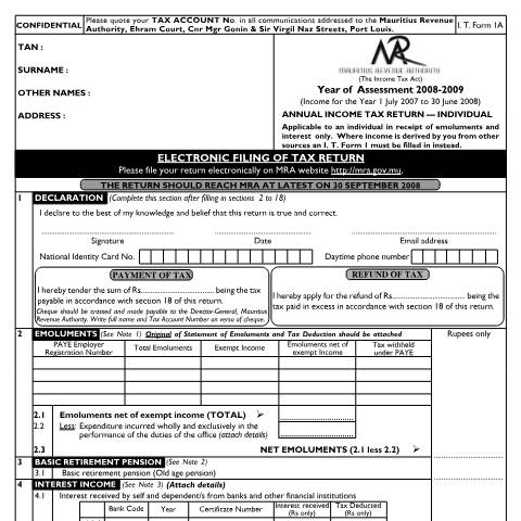 Document preview: Individual Return 1A &amp; Notes (for Employees only) — Form, Mauritius (CERFA n°IndividualFull2008_010808)