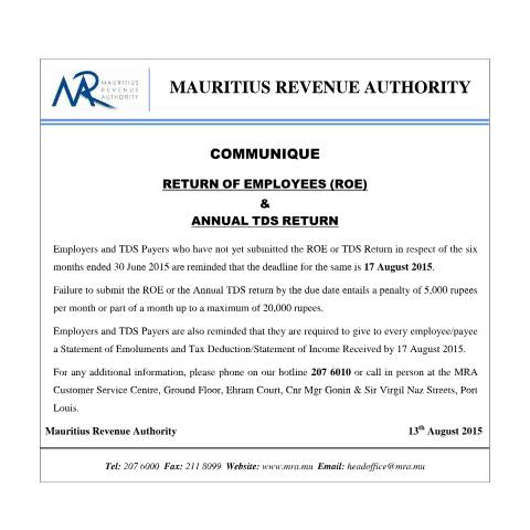 Document preview: Return of Employees (ROE) and Annual TDS Return (13.08.15) — Form, Mauritius (CERFA n°ROETDS140815)