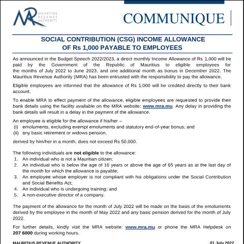 Document preview: Employees — Notice / Circular, Mauritius (CERFA n°CommuniqueCSGEmployees010722)