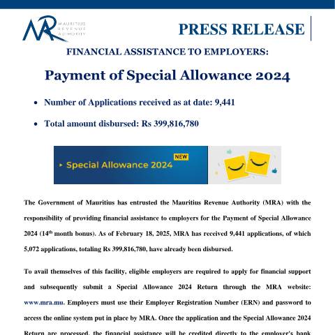 Document preview: Financial Assistance to Employers: Payment of Special Allowance 2024 (18.02.25) — Document, Mauritius (CERFA n°PressRelease180225)