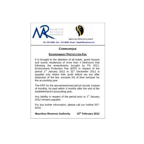 Document preview: Environment Protection Fee (16.02.2012) — Notice / Circular, Mauritius (CERFA n°CommuniqueEPF2012)