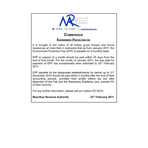 Document preview: Environment Protection Fee (EPF) (22.02.2011) — Notice / Circular, Mauritius (CERFA n°CommuniqueEPF2011)
