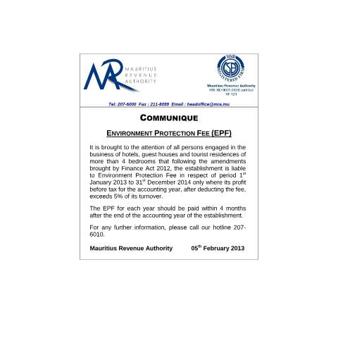 Document preview: Environment Protection Fee (05.02.2013) — Notice / Circular, Mauritius (CERFA n°CommuniqueEPF2013)