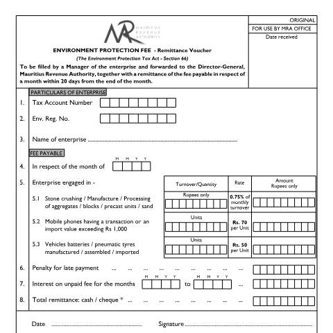 Document preview: Mobile phones/vehicles batteries/pneumatic tyres (manufactured/assembled/imported) — Document, Mauritius (CERFA n°20131219_EPFM)