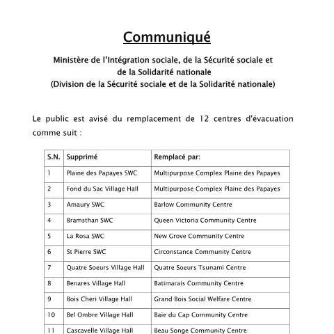 Document preview: Communiqué on Evacuee Centres — Notice / Circular, Mauritius (CERFA n°Communique-on-Evacuee-Centres)