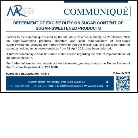 Document preview: Deferment of Excise Duty on Sugar Content of Sugar-Sweetened Products (25.03.21) — Notice / Circular, Mauritius (CERFA n°CommuniqueSugar250321)