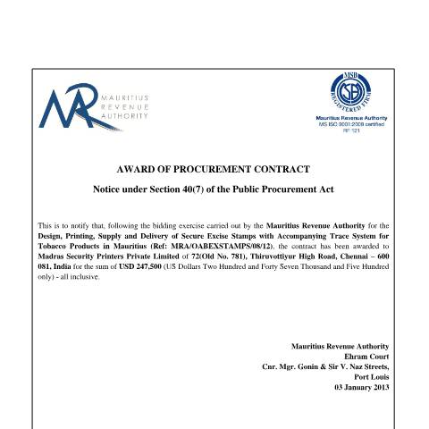 Document preview: Award of Procurement Contract - Excise Stamps (03.01.2013) — Document, Mauritius (CERFA n°NoticeAwardExciseStampsUpdated)