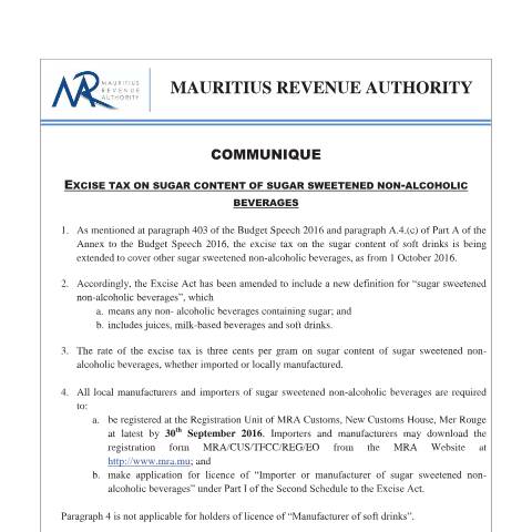 Document preview: Excise Tax on Sugar Content of Sugar Sweetened Non-Alcoholic Beverages (23.09.16) — Document, Mauritius (CERFA n°ExciseTaxSugar)