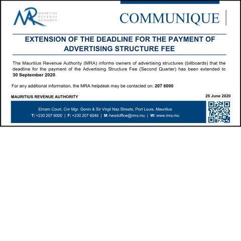 Document preview: Extension of the deadline for the payment of Advertising Structure Fee (26.06.20) — Document, Mauritius (CERFA n°AdvertisingStructureFee260620)