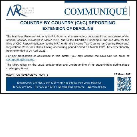 Document preview: Country by Country Reporting (CBCR) : Extension of Deadline (26.03.21) — Publication, Mauritius (CERFA n°CBCRExtension260321)