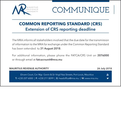 Document preview: Extension of CRS reporting deadline (26.07.18) — Publication, Mauritius (CERFA n°CRS260718)