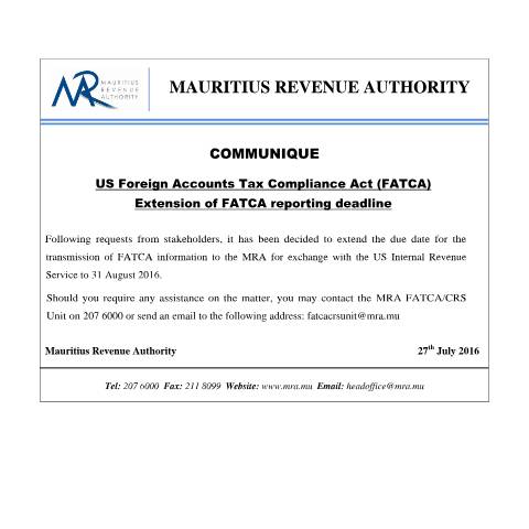 Document preview: Extension of FATCA reporting deadline (27.07.16) — Publication, Mauritius (CERFA n°FATCA270716)