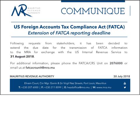 Document preview: Extension of FATCA reporting deadline (30.07.18) — Publication, Mauritius (CERFA n°FATCA310718)