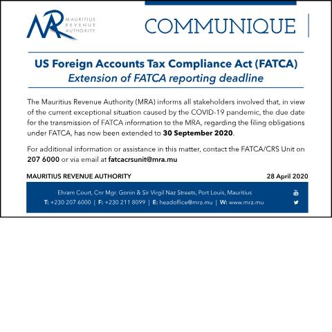 Document preview: Extension of FATCA reporting deadline (28.04.20) — Publication, Mauritius (CERFA n°FATCAExtension280420)