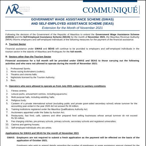 Document preview: Government Wage Assistance Scheme (GWAS) and Self-Employed Assistance Scheme (SEAS) : Extension for the month of November 2021 (18.11.21) — Notice / Circular, Mauritius (CERFA n°Communique181121)