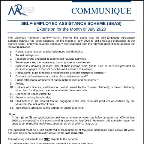 Document preview: Self-Employed Assistance Scheme (SEAS) — Notice / Circular, Mauritius (CERFA n°CommuniqueSEAS240720)