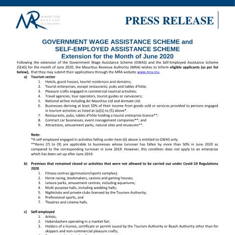 Document preview: Government Wage Assistance Scheme and Self-Employed Assistance Scheme - Extension for the Month of June 2020 (02.07.20) — Document, Mauritius (CERFA n°PressRelease020720)