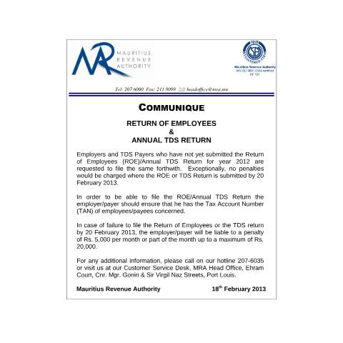 Document preview: Extension for ROE and TDS (18.02.2013) — Document, Mauritius (CERFA n°ReminderROE2013)