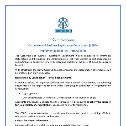 Document preview: Updated COMMUNIQUE- Fast Track Counter — Notice / Circular, Mauritius (CERFA n°Updated-COMMUNIQUE-Fast-Track-Counter)