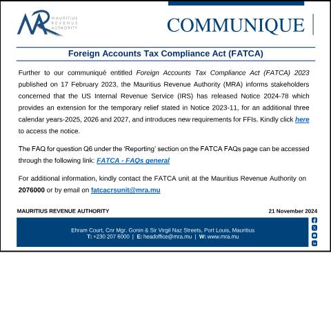 Document preview: Foreign Accounts Tax Compliance Act (FATCA) (21.11.24) — Act / Law, Mauritius (CERFA n°CommuniqueFATCA211124)