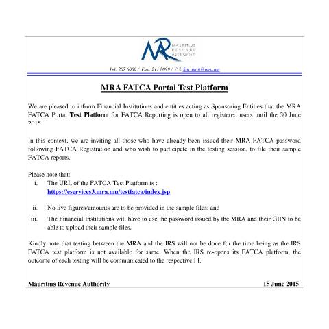 Document preview: MRA FATCA Portal Test Platform (15.06.15) — Document, Mauritius (CERFA n°FATCATest150615)