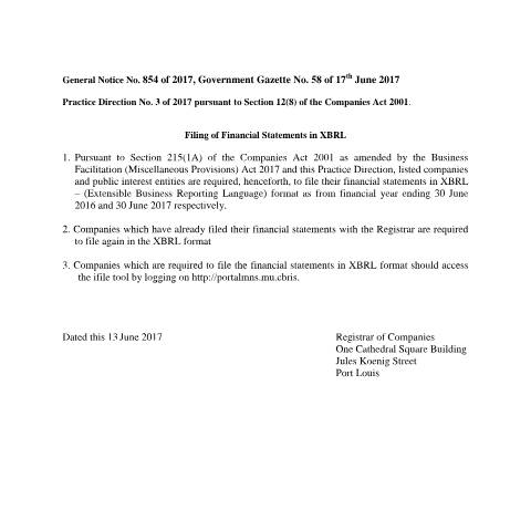 Document preview: GENERAL NOTICE NO. 854 OF 2017, GOVERNMENT GAZETTE NO. 58 OF 17TH JUNE 2017 — Document, Mauritius (CERFA n°GENERAL-NOTICE-NO.-854-OF-2017-GOVERNMENT-GAZETTE-NO.-58-OF-17TH-JUNE-2017)
