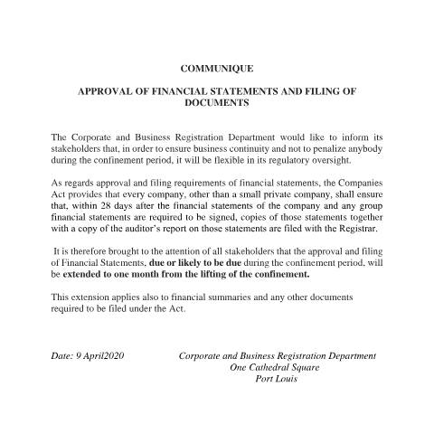 Document preview: COMMUNIQUE (3) FOR APPROVAL OF FIN SUM — Notice / Circular, Mauritius (CERFA n°COMMUNIQUE-3-FOR-APPROVAL-OF-FIN-SUM)