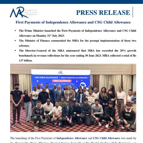 Document preview: First Payments of Independence Allowance and CSG Child Allowance (31.07.23) — Document, Mauritius (CERFA n°PressRelease310723)