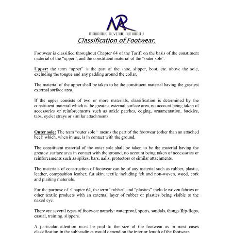 Document preview: Classification of Footwear — Document, Mauritius (CERFA n°footwear)