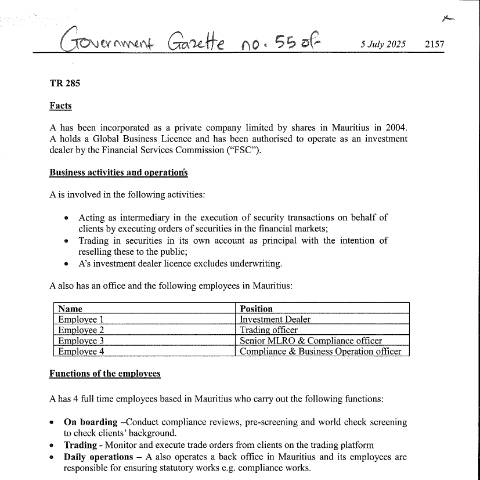 Document preview: TR 285 — Document, Mauritius (CERFA n°TR285)