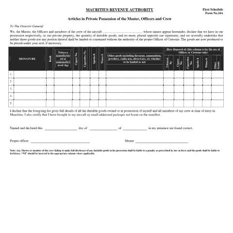 Document preview: Articles in Private Possession of the Master, Officers and Crew — Document, Mauritius (CERFA n°Form24AArticlesinPrivatePossession)