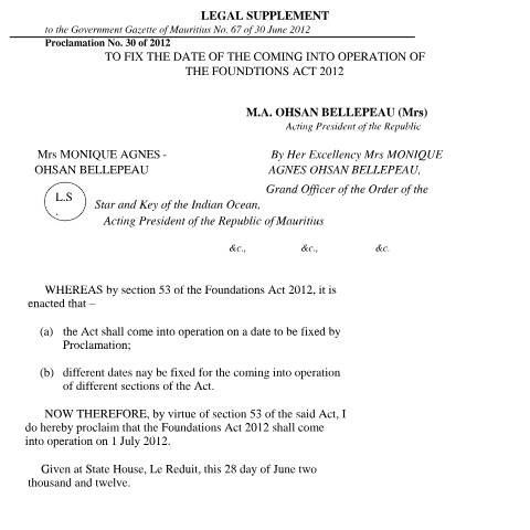 Document preview: Foundation Act 2012 — Act / Law, Mauritius (CERFA n°Foundation-Act-2012)