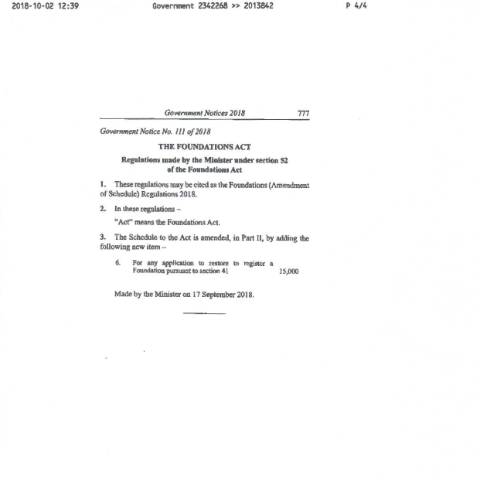 Document preview: Govt Gazette 29 Sep 18 – Foundations (Amendment of Schedule) Regulations 2018 — Regulation / Order, Mauritius (CERFA n°Govt-Gazette-29-Sep-18-Foundations-Amendment-of-Schedule-Regulations-2018)